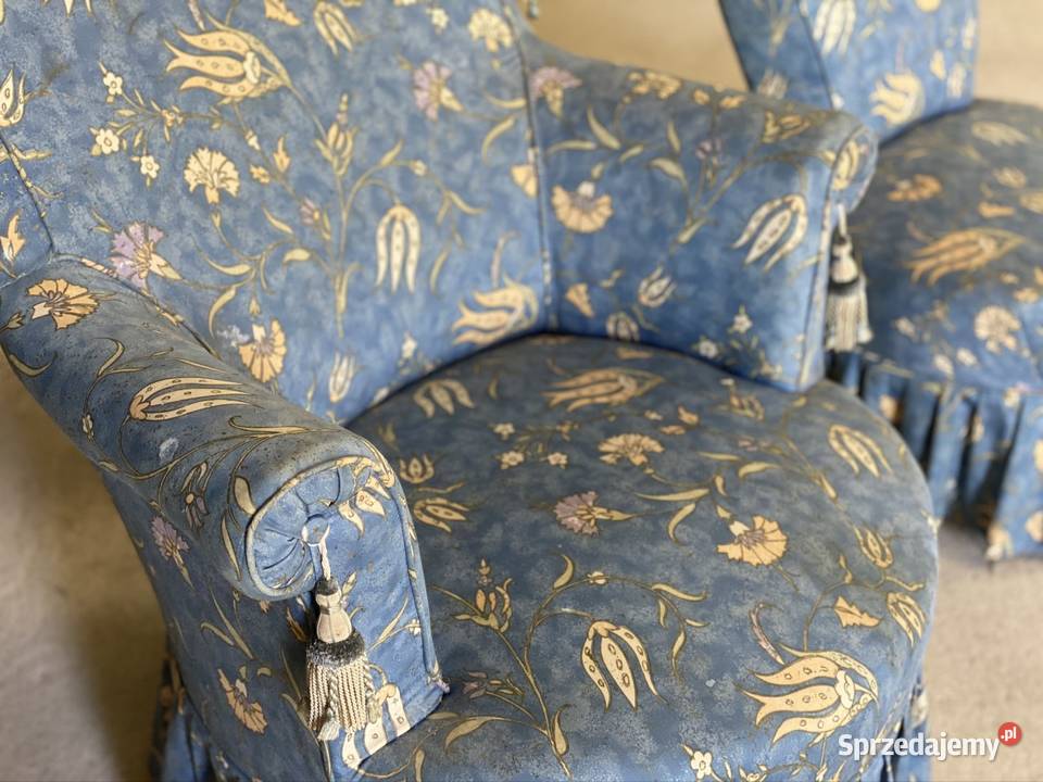 Komplet foteli vintage w niebieskiej tkaninie Budno