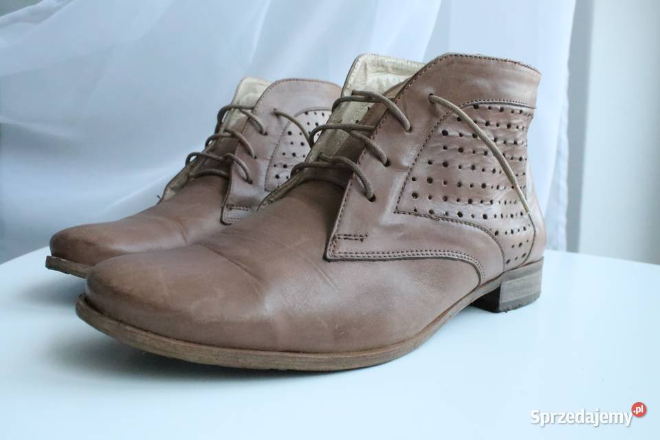 Skórzane beżowe brązowe ażurowe sznurowane botki Wrocław