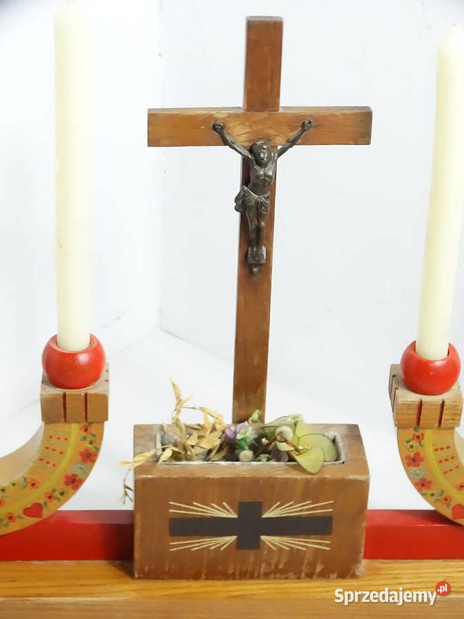 Stary drewniany komplet kolędowy świecznik folk Antyki
