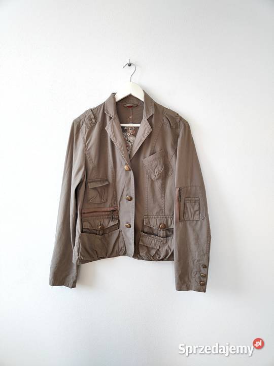 Zielona jeansowa marynarka Khaki Vintage Nadruk Jasło sprzedam