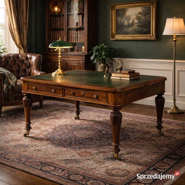 Antyczne biurko stół orzech skóra Anglia XIX w