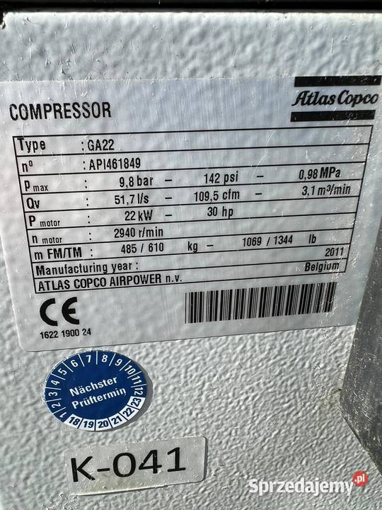 Sprężarka śrubowa Kompresor ATLAS COPCO GA22 FF opolskie sprzedam