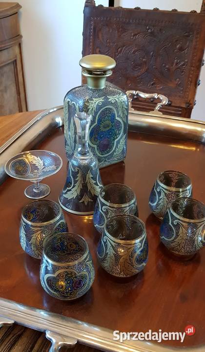 Karafka kieliszki kulawka emalia Hermann Pautsch Porcelana i szkło warmińsko-mazurskie Orneta