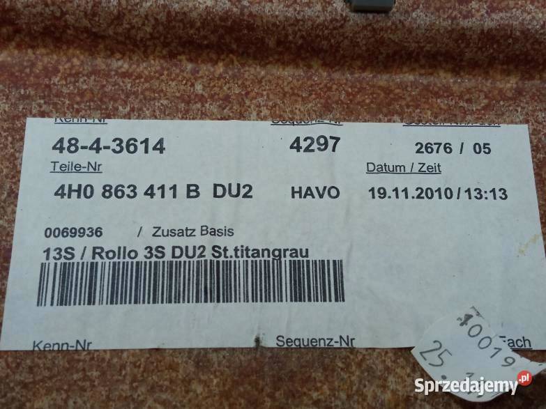 PÓŁKA TYLNA 4H0863411B Audi A8 III 2010 D4 Rok produkcji 2010 sprzedam