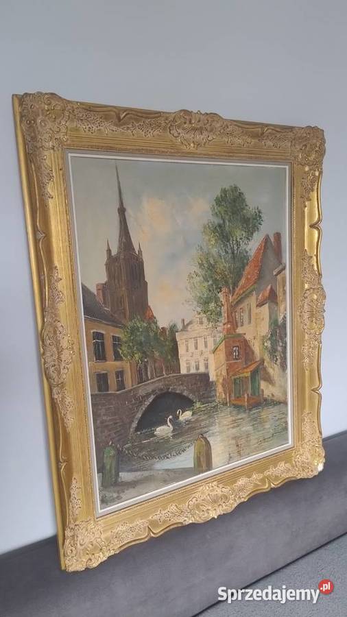 Stary obraz olej na płótnie w złotej ramie