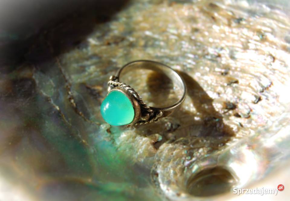 Stary pierścionek srebrny zielony chryzopraz Lublin