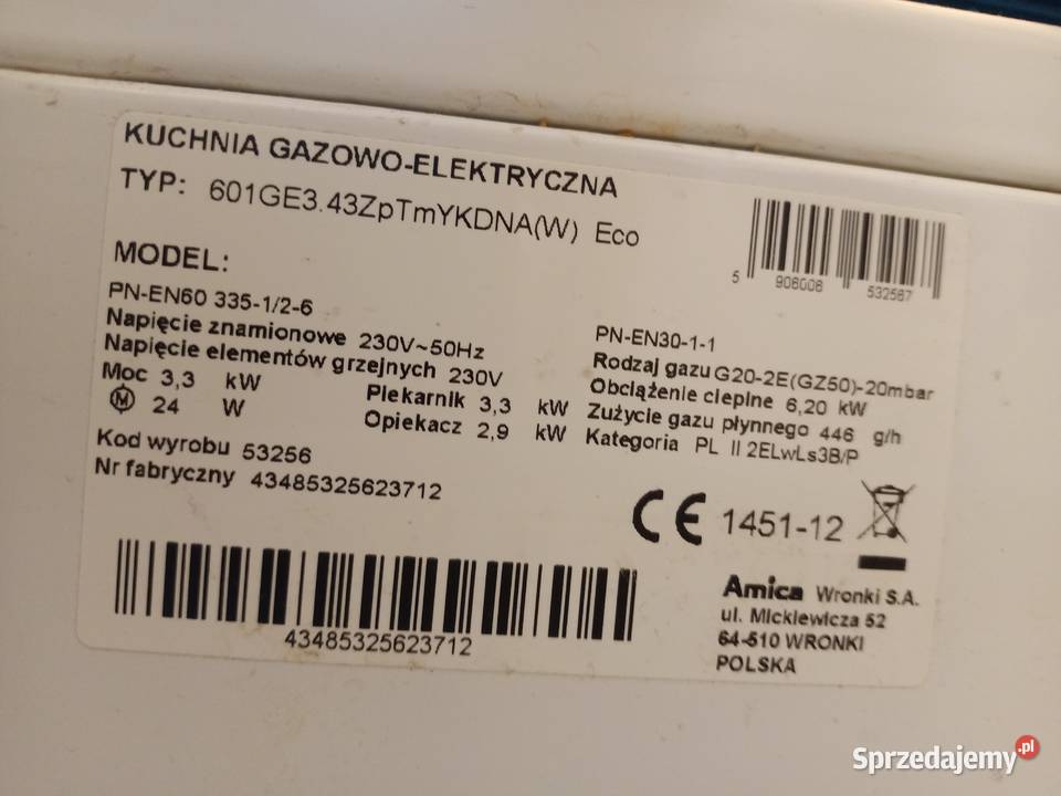 Kuchnia gazowa elektryczna AMICA Piotrków Trybunalski