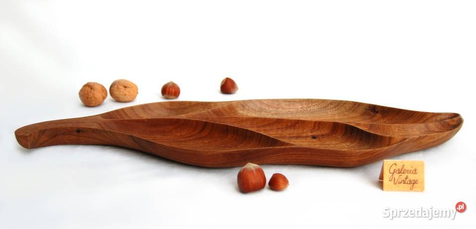 Rzeźbiona patera liść 40 drewno teak lata 70 Lublin