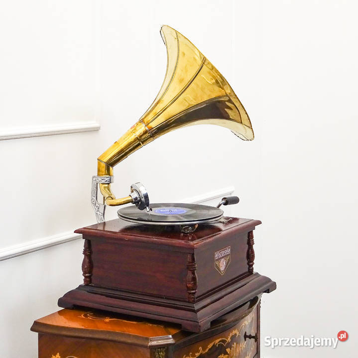 Stylowy PATEFON Victrola drewniana obudowa ZŁOTA