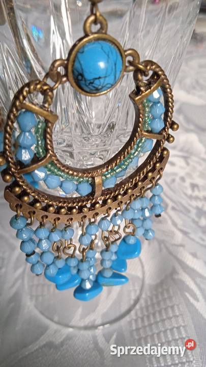 TURKUSOWO ZŁOTE OKAZAŁE KOLCZYKI Piła