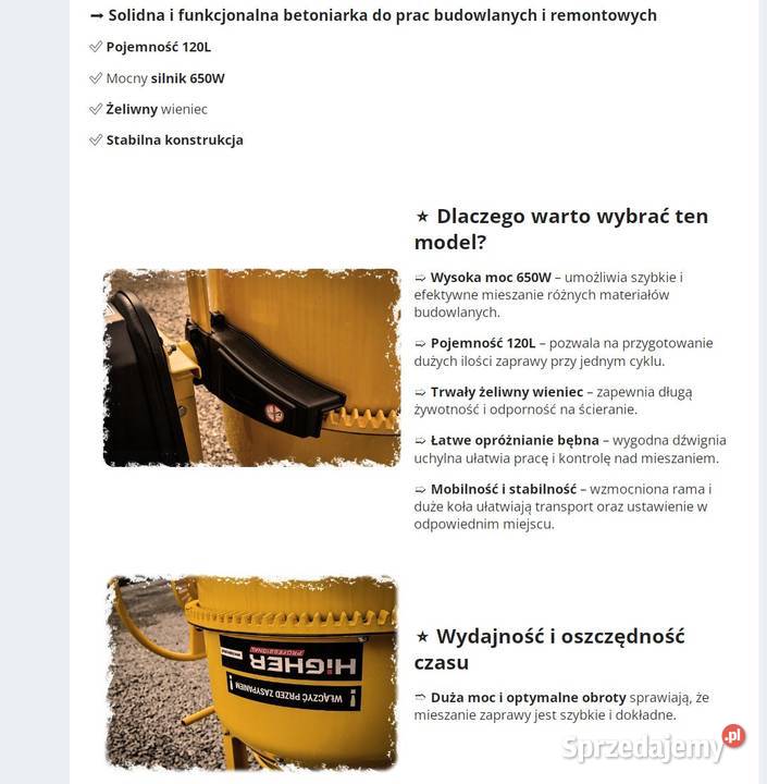Betoniarka HIGHER 120L nowy komplet karton Dęblin sprzedam