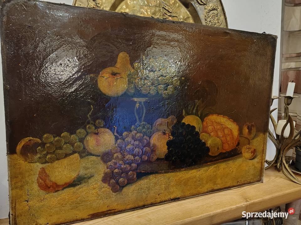 Stary obraz olejny Martwa natura Kartuzy