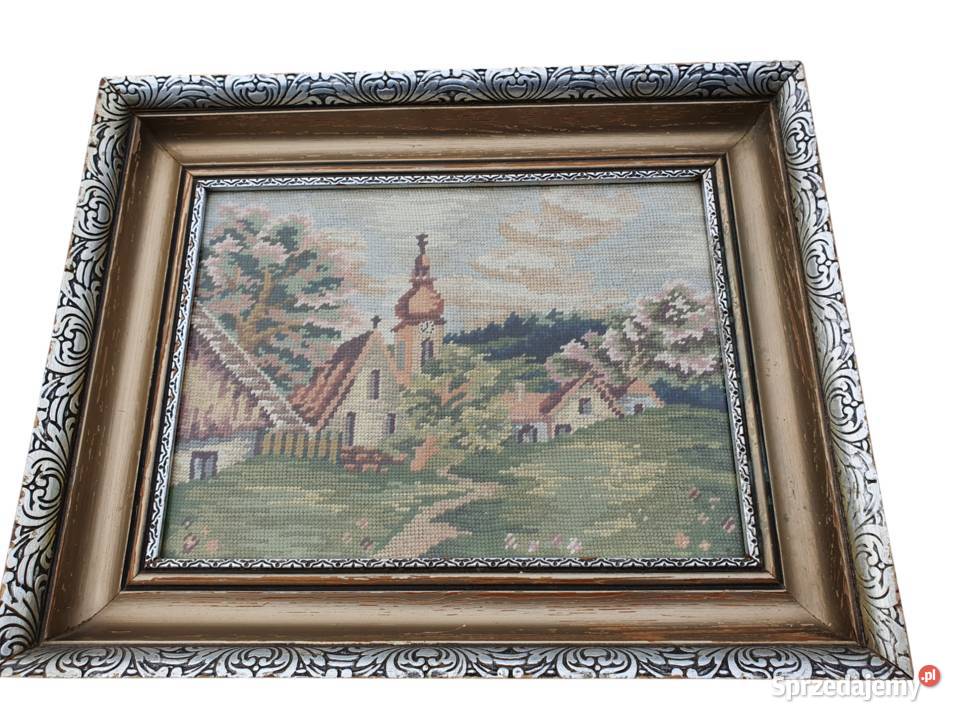 Stary obraz haftowany krajobraz lata 50 antyk