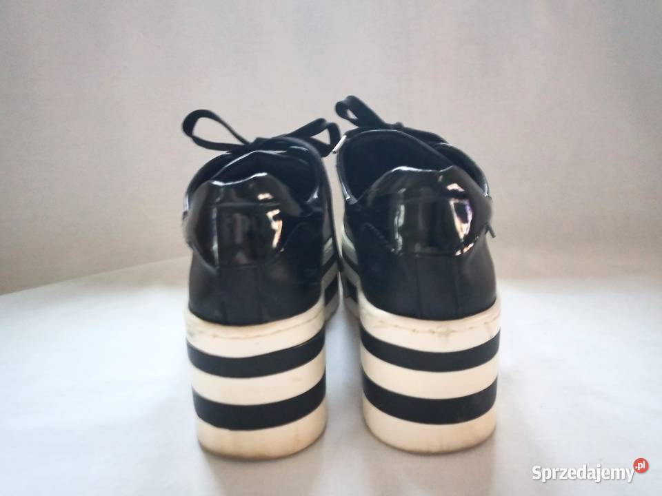 Buty PLATFORMA Damskie czarne białe r 40 stan Półbuty