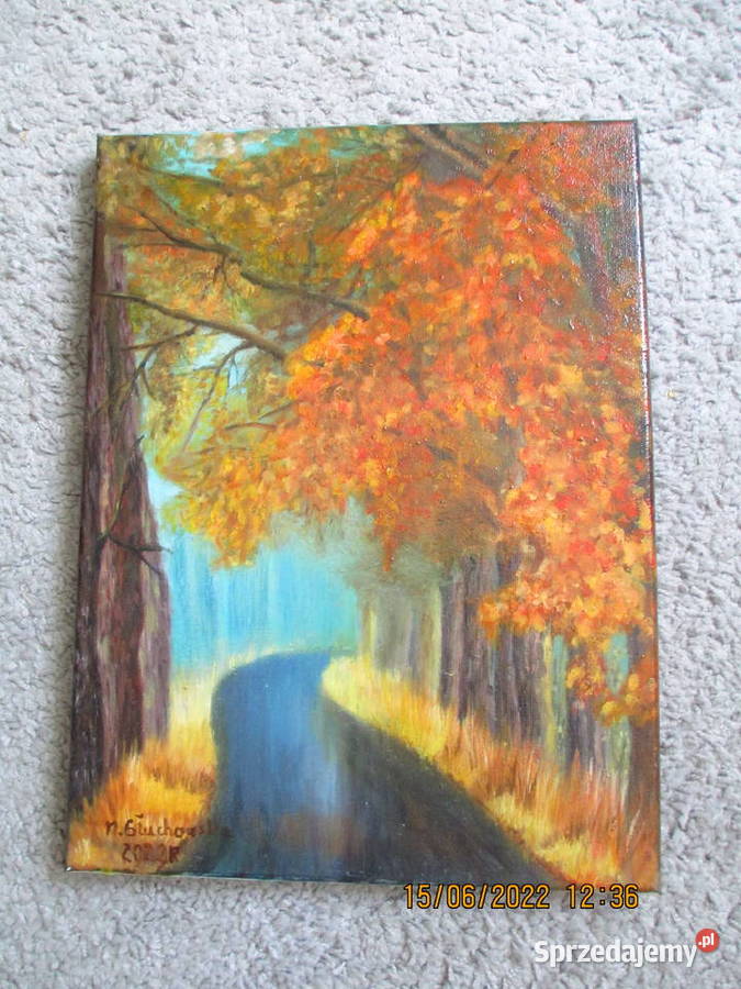 obraz olejny Mokra szosa jesienią 30x40 Malarstwo