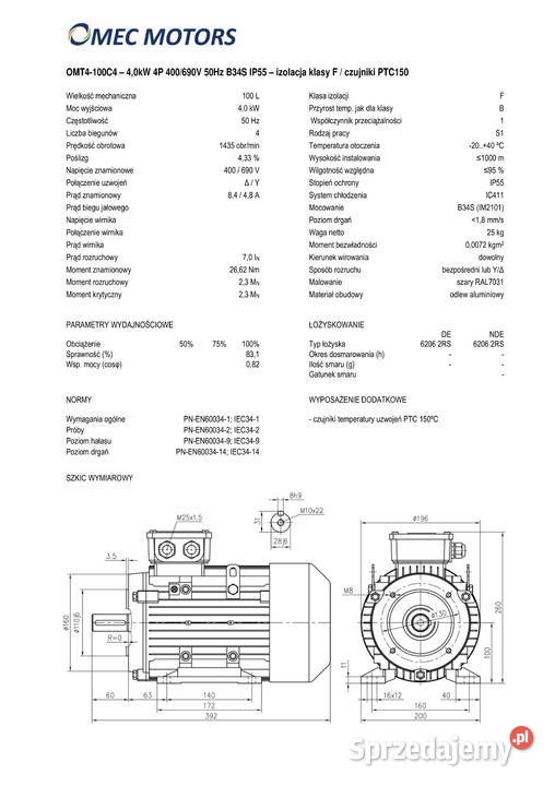 silnik elektryczny 4kW 1400obr 3fazowy 100B34 Pigża