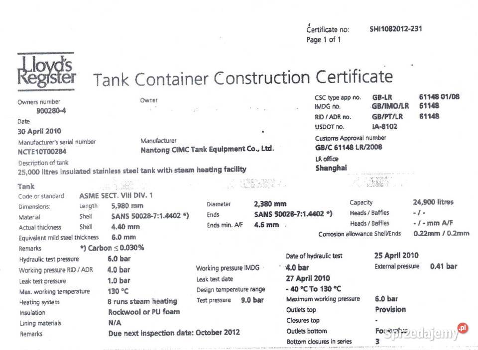 ISO tank kontenery cysterny chemiczne poj 25000 cysterny