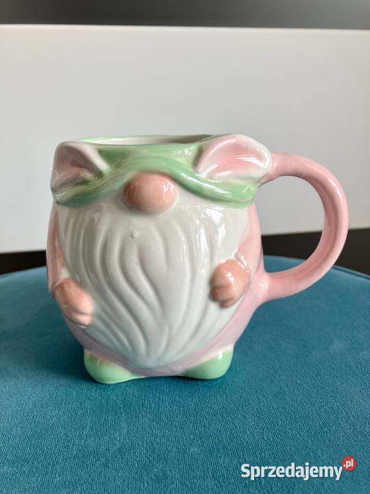 Nowy pastelowy kubek gnom różowy duży ceramika