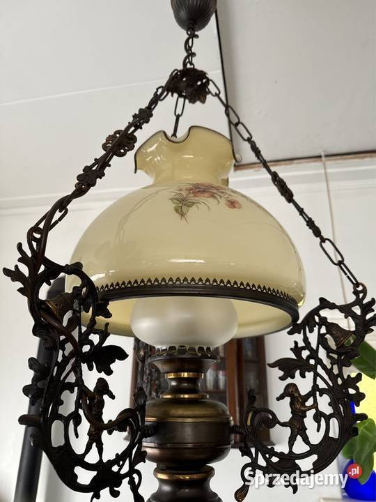Śliczna lampa naftowa żyrandol drewno mosiądz Lampy wiszące dolnośląskie