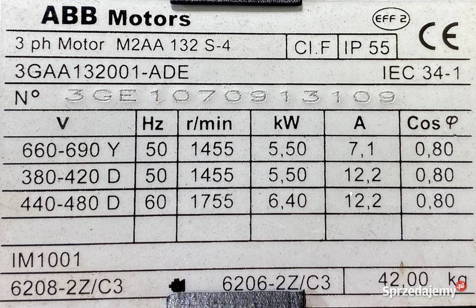 silnik elektryczny 55kW 1455obr 3fazowy ABB kujawsko-pomorskie Pigża