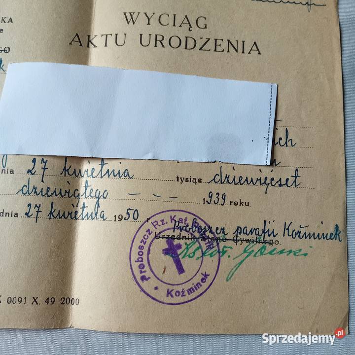 Wyciąg aktu urodzenia 1950 r Koźminek