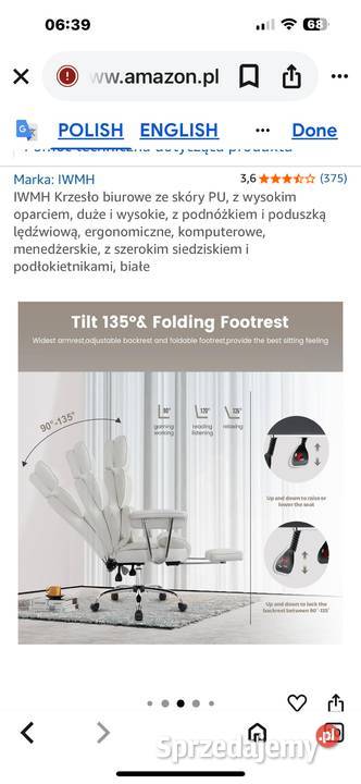 Ergonomiczne krzesło biurowe białe ze skóry PU Bielsko-Biała sprzedam