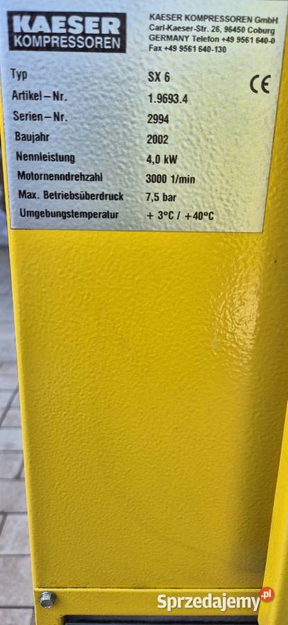 Sprężarka śrubowa Kaeser SX6 4 kW 75 Bar Jelcz-Laskowice