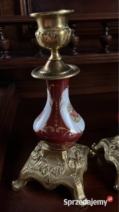 Świecznik porcelana mosiądz róże