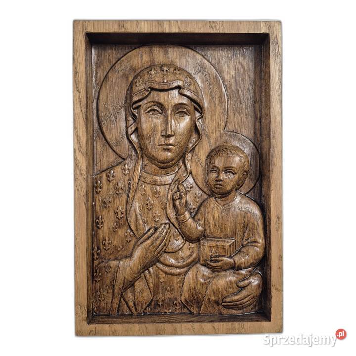 Matka Boska Częstochowska płaskorzeźba w dębie Obrazki i obrazy Malechowo