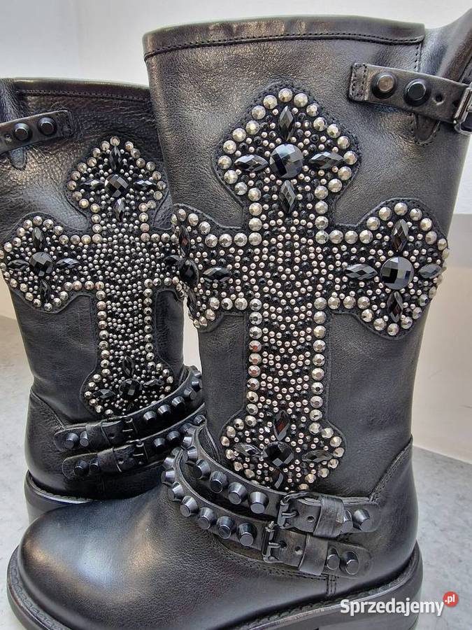 Botki Kozaki Skóra Czarne Kamienie Ćwieki 36
