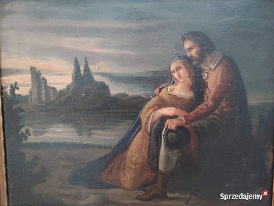 Piękny obraz olejny scena rodzajowa Łódź