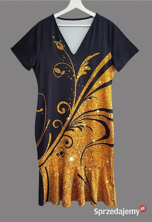 Damska sukienka czarnażółta w kwiaty z krótkim czarny Chrzanów