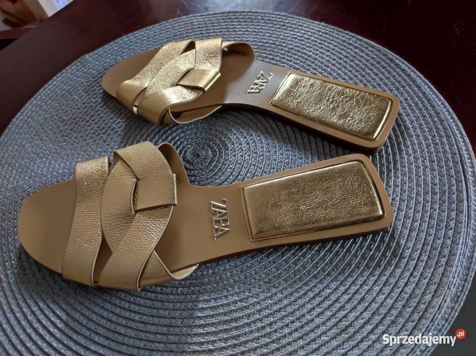 Zara klapki skórzane skórkowe ze skóry złote Zara