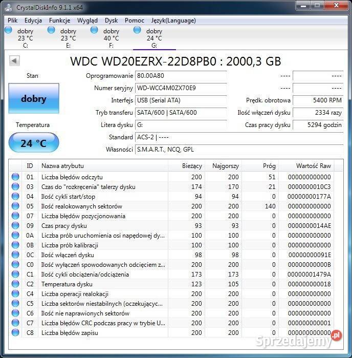 Dysk HDD 2TB SATA 35 Green WD20EZRX 5400RPM Pojemność 2000