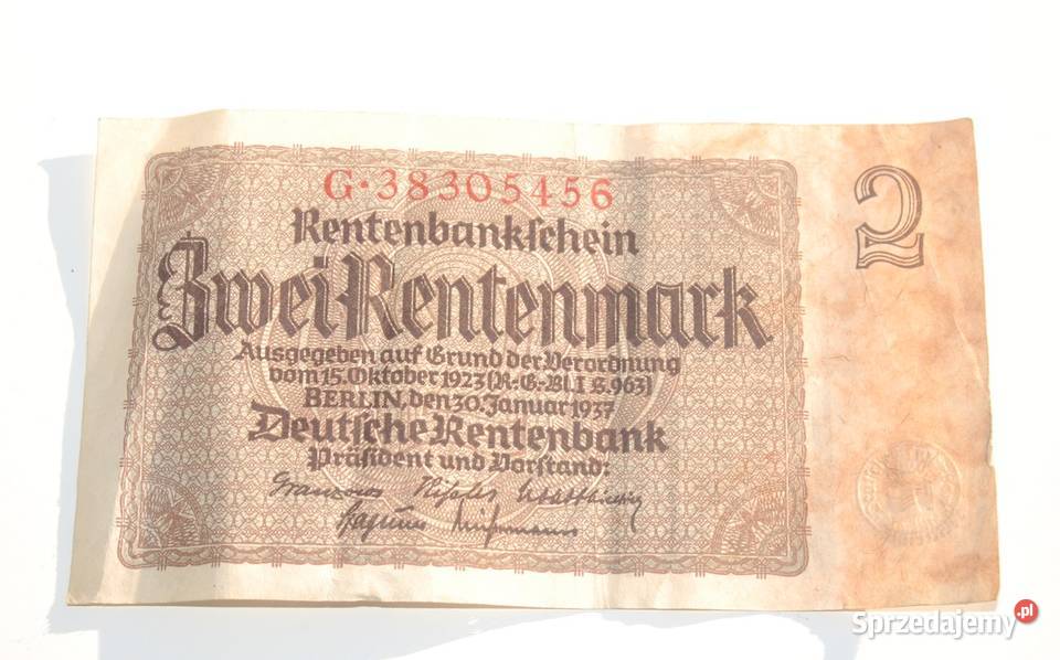 Stary banknot 2 marki 2 Rentenmark 1937 antyk Cieszyn