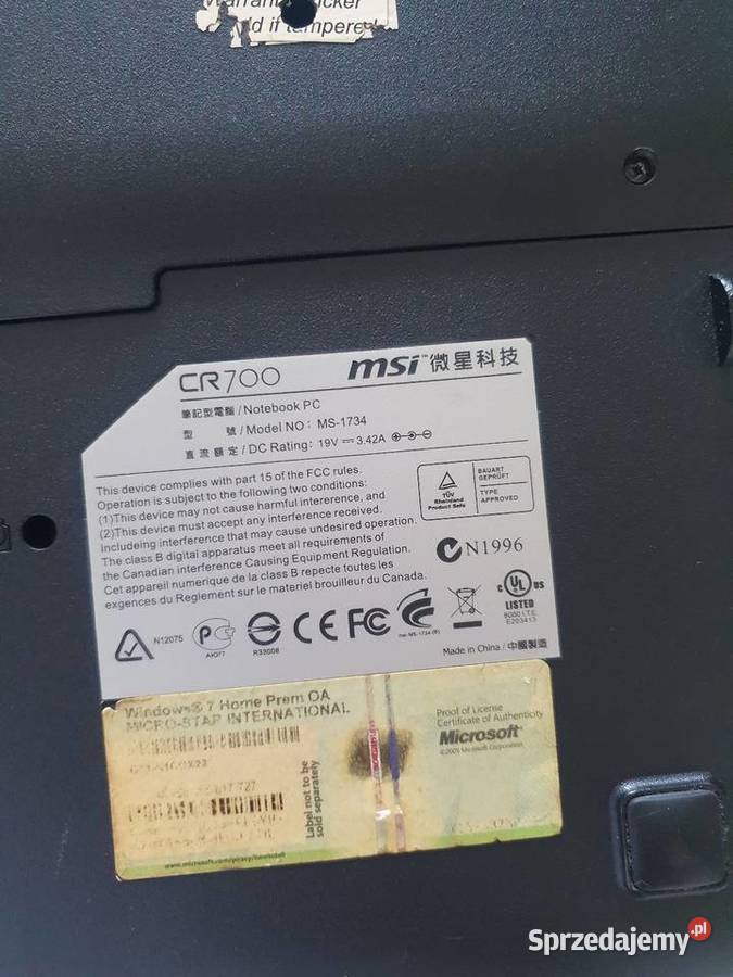 Sprzedam laptop msi cr700 Konopiska
