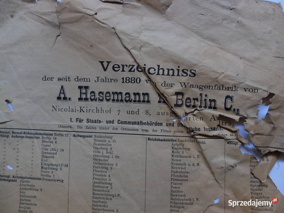 Stara reklama A Hasemann Berlin stare wagi 1880 Kościan