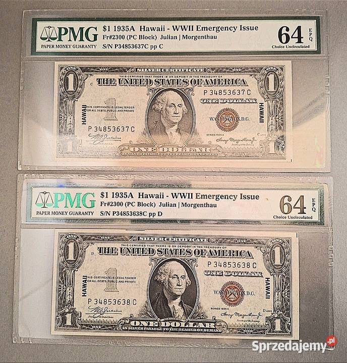 1 Dolar 1935 r HAWAII PMG 64 EPQ DWA NUMERY Węgorzewo