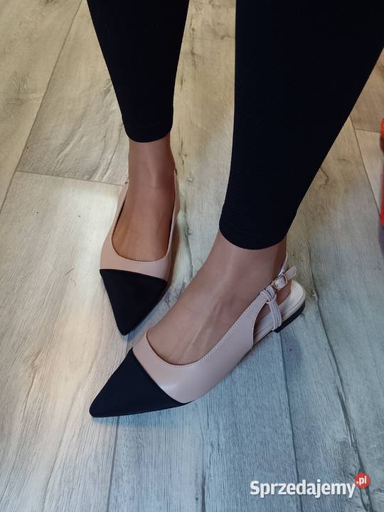 40 Beżowo czarne baleriny wieczorowe z odkrytą Kraków