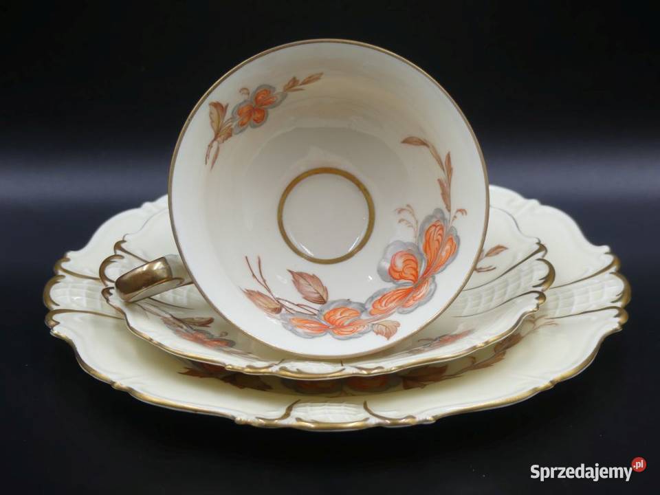 Komplet śniadaniowy Sorau Żary piękne reliefy Porcelana i szkło wielkopolskie