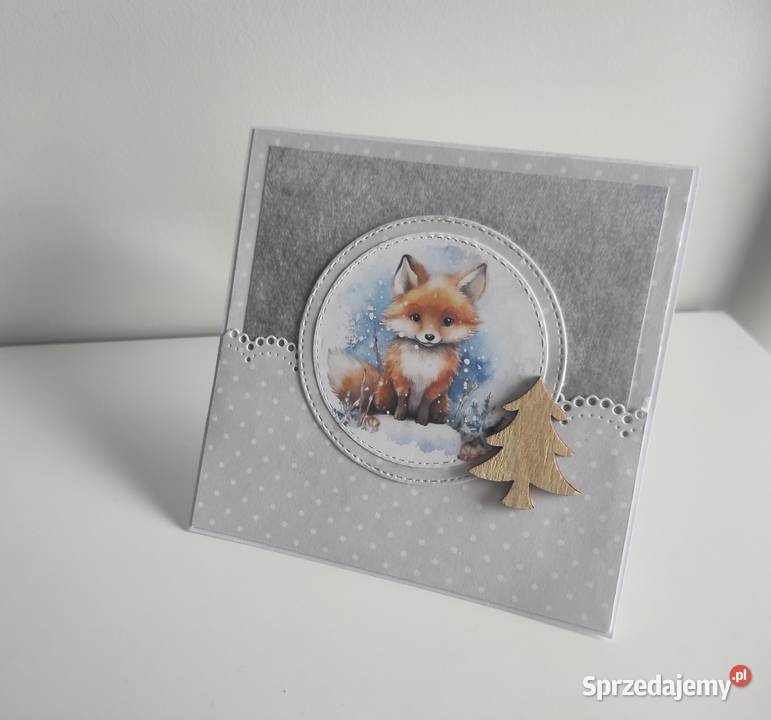 Kartka ręcznie robiona zimowa świąteczna z lisem Rękodzieło Łódź sprzedam