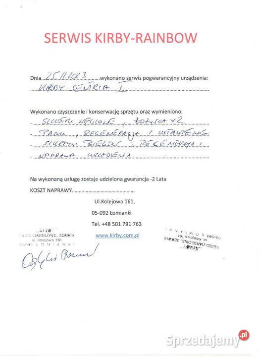 Kirby Sentria przeglądzie serwisowym i pełnej
