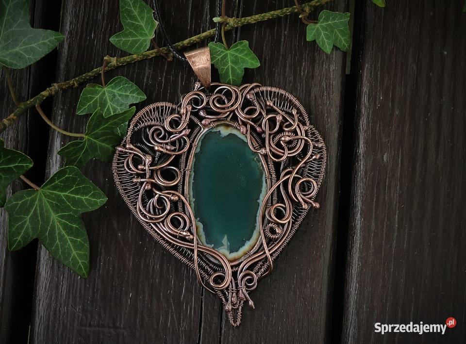 Zjawiskowy miedziany wisior zielony agat małopolskie Wieliczka