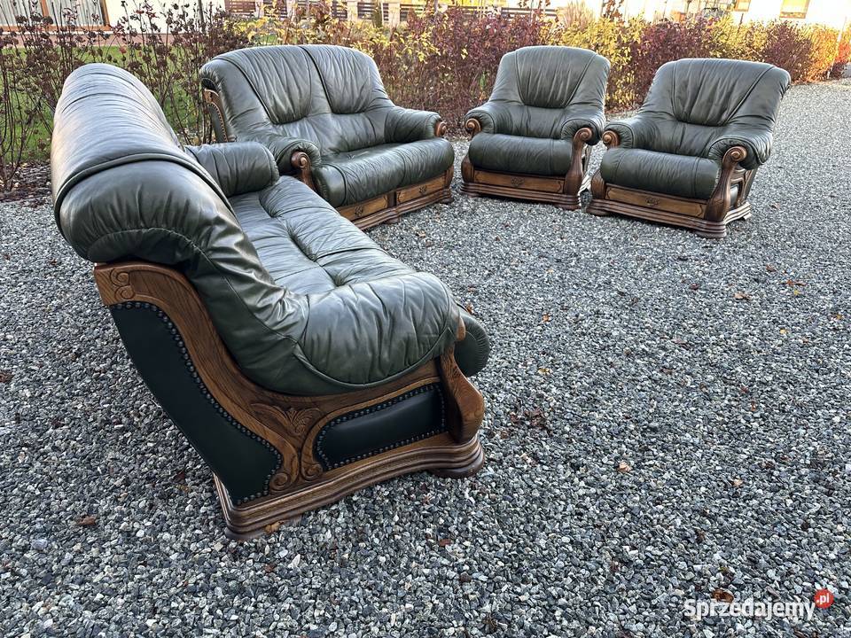 Masywny wypoczynek ze skóry na dębowym stelażu Komplety wypoczynkowe wielkopolskie sprzedam