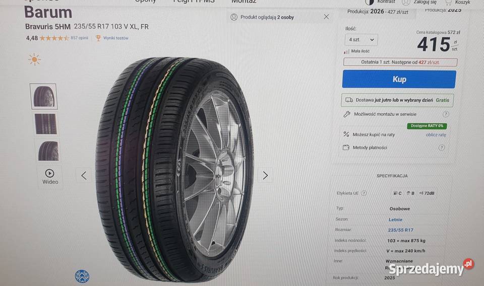 Opony letnie 4x 23555 R17 Barum BRAVURIS 5HM lubelskie Lipniak sprzedam