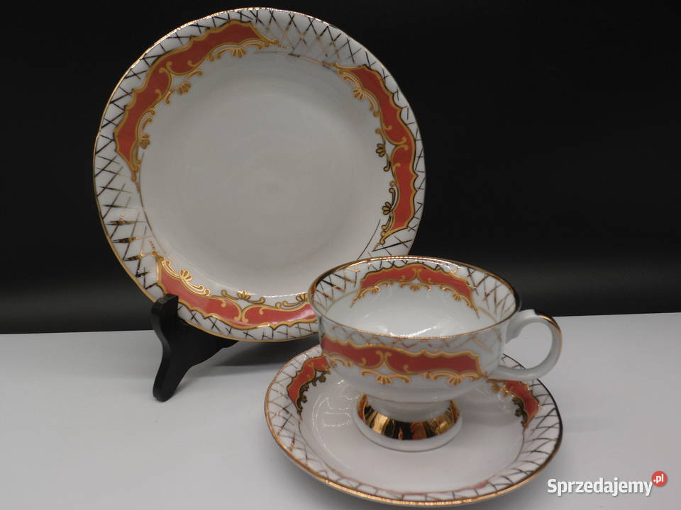 Porcelana CHODZIEŻ Trio Śniadaniowe Koral Złoto wielkopolskie Raszków