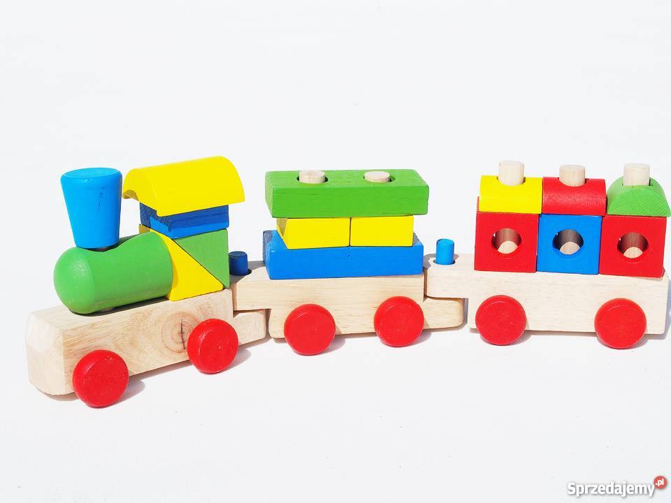 DREWNIANY POCIĄG kolorowy klocki DUŻY 45 Edukacyjne małopolskie