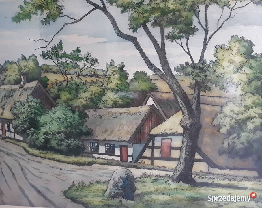 Pejzaż wiejski wielka grafika szkic akwarela