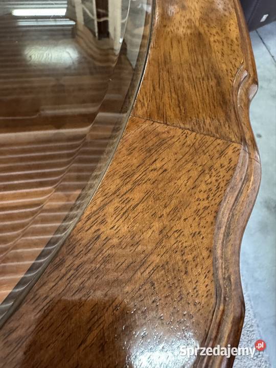 Drewniana owalna ława ze szklanym blatem i półka Ełk