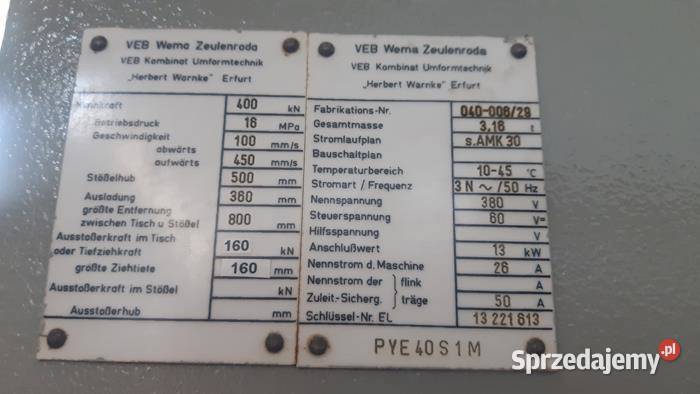 Prasa hydrauliczna WMW PYE 40 S1M z wyrzutnikiem Produkcja Krobia